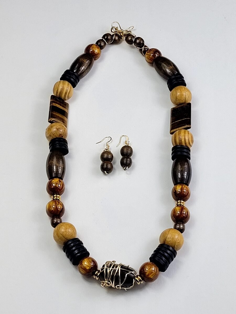 Dark wood and tigereye beaded necklace set.