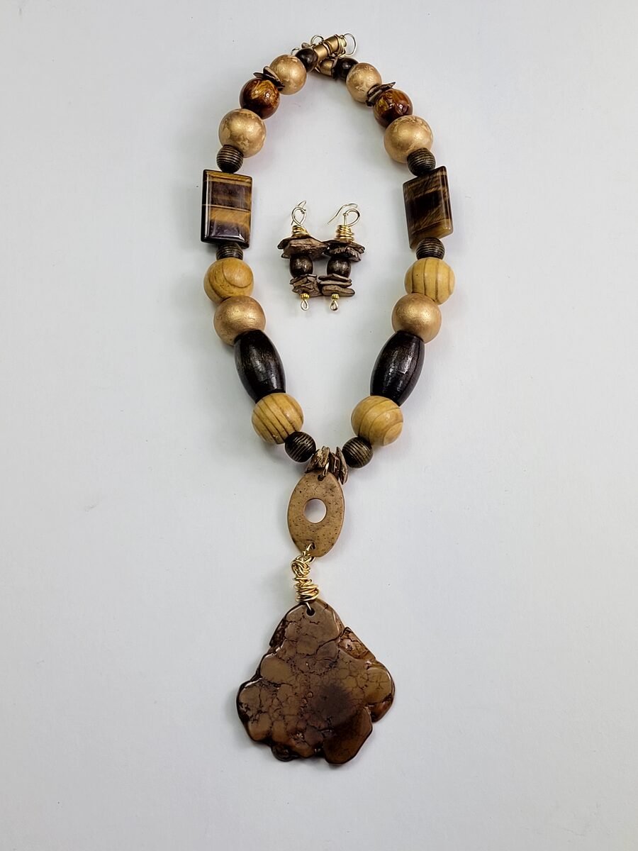 Wood and brown stone beaded necklace.