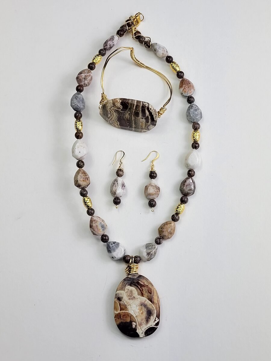 Jasper beaded necklace with gold wire accents.